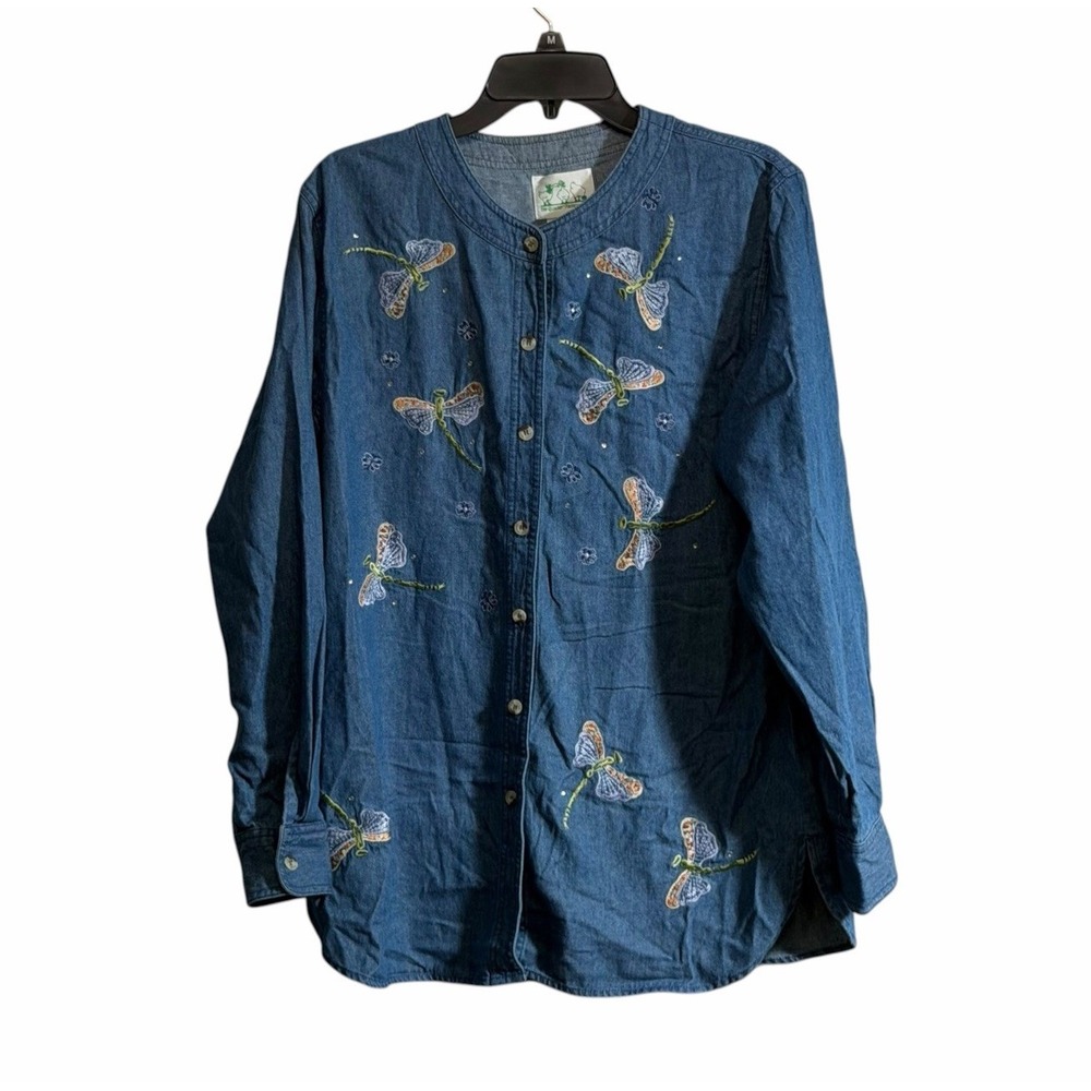 The Quacker Factory Small Denim Shirt Dragonfly Long Sleeve Button Embellished